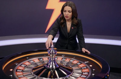 Lightning Roulette Livetisch mit Dealerin und orangen Blitzen im SpinGranny Live-Casino
