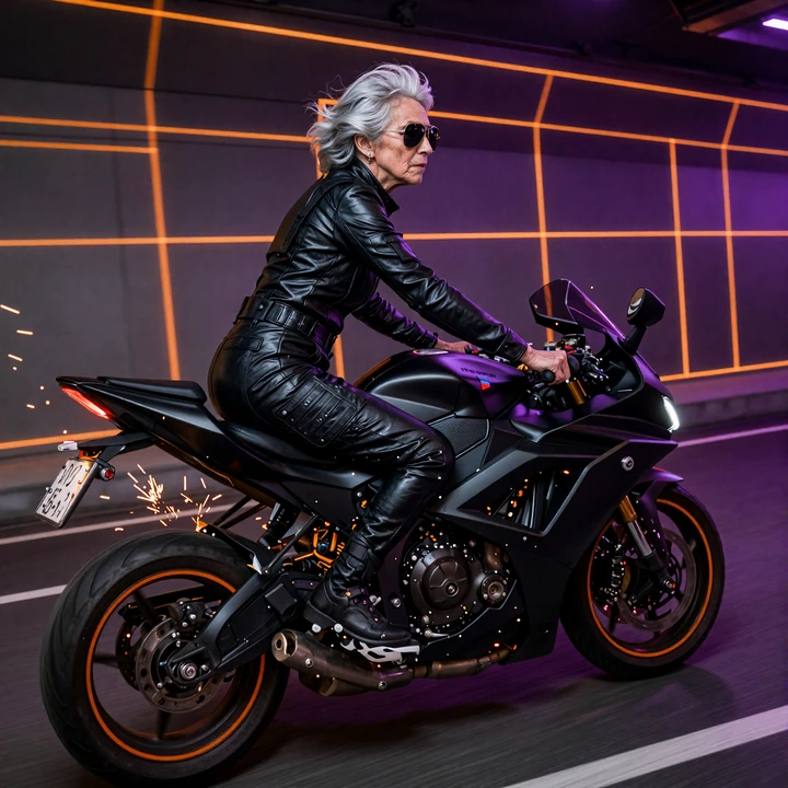 Granny-Agentin auf schwarzem Sportmotorrad mit oranger Neon-Beleuchtung im Tunnel des SpinGranny Casinos