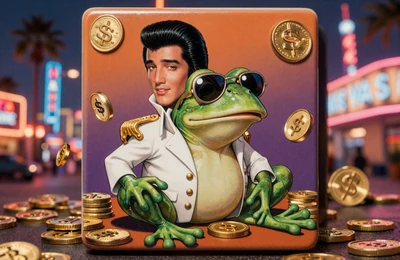 Elvis Frog in Vegas Slot Keyart mit Frosch im Elvis-Anzug vor Vegas Skyline