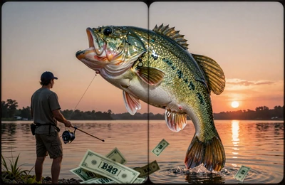 Big Bass Splash Slot Keyart mit springendem Bass bei Sonnenuntergang
