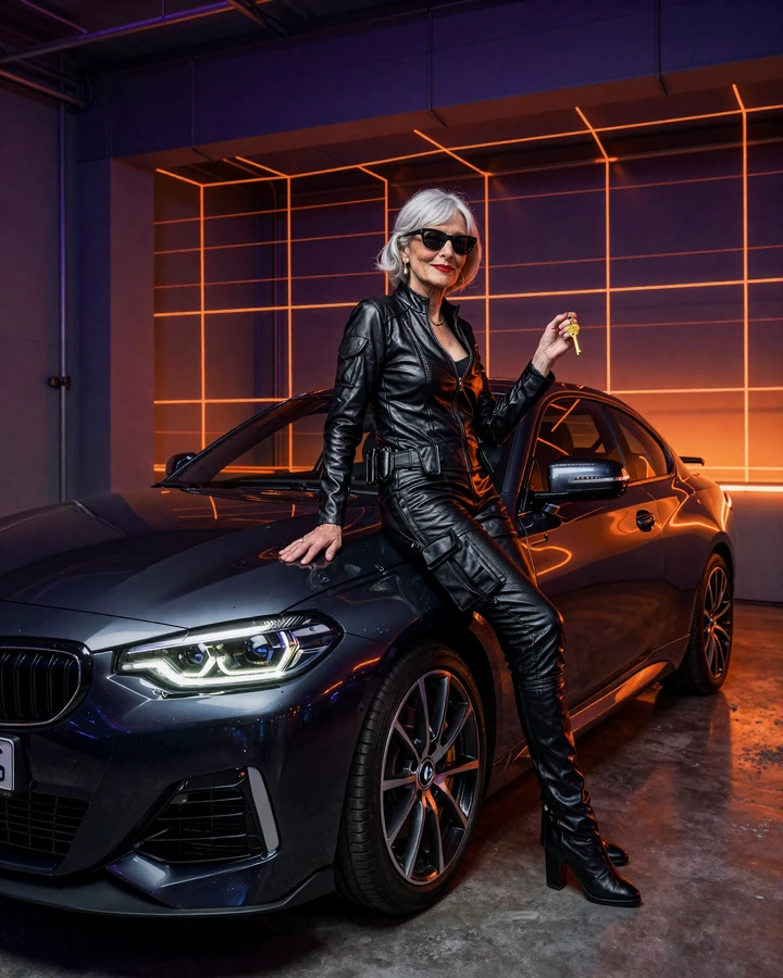 BMW M240i als Granny Box Hauptpreis mit Granny-Agentin auf der Motorhaube im SpinGranny Casino