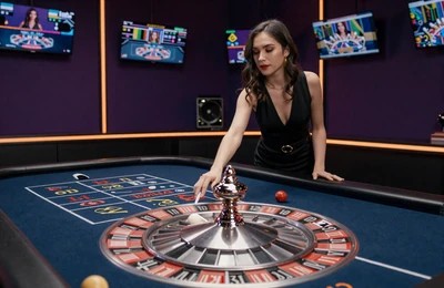 Immersive Roulette Livetisch mit Dealerin in dunkler Lounge bei SpinGranny